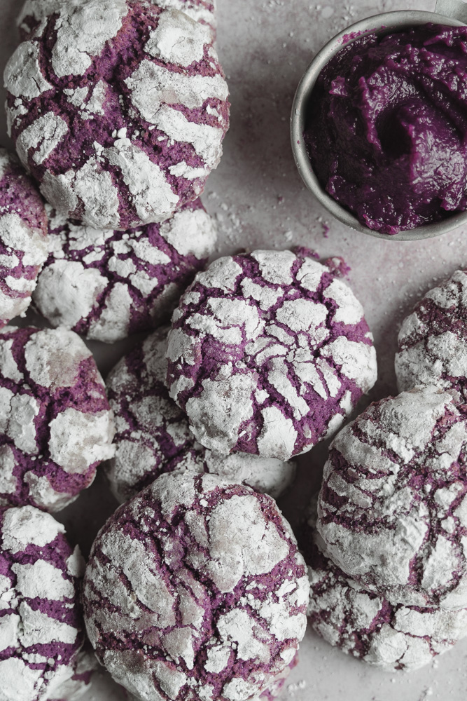 top view of ube crinkle cookies and ube halaya