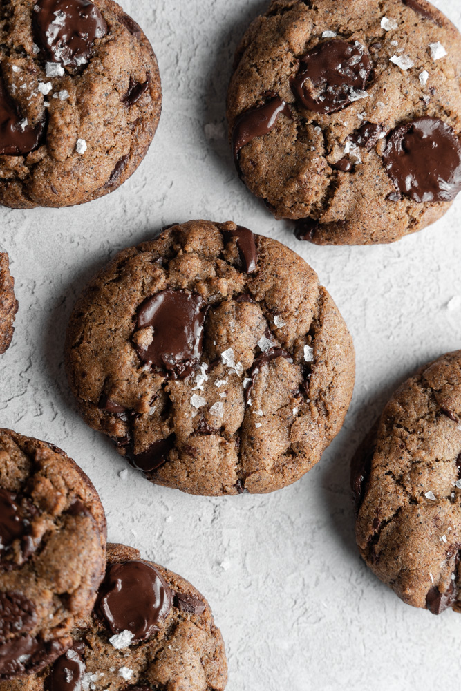 Top down view of vegan espresso rye cookies.