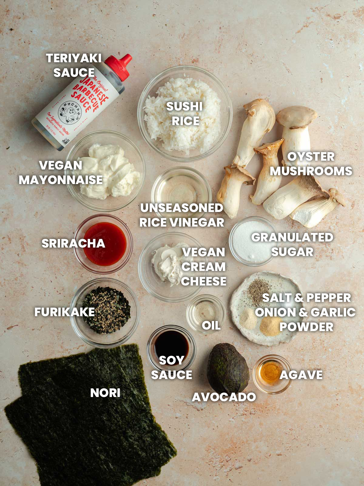 Ingredients for vegan sushi bake.