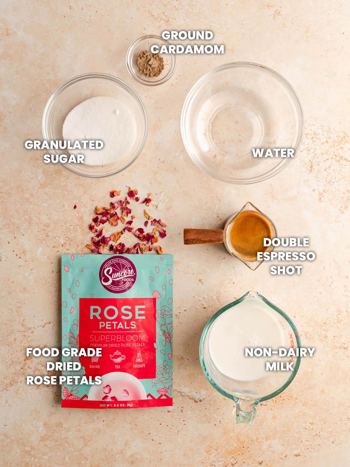Ingredients for rose cardamom latte.