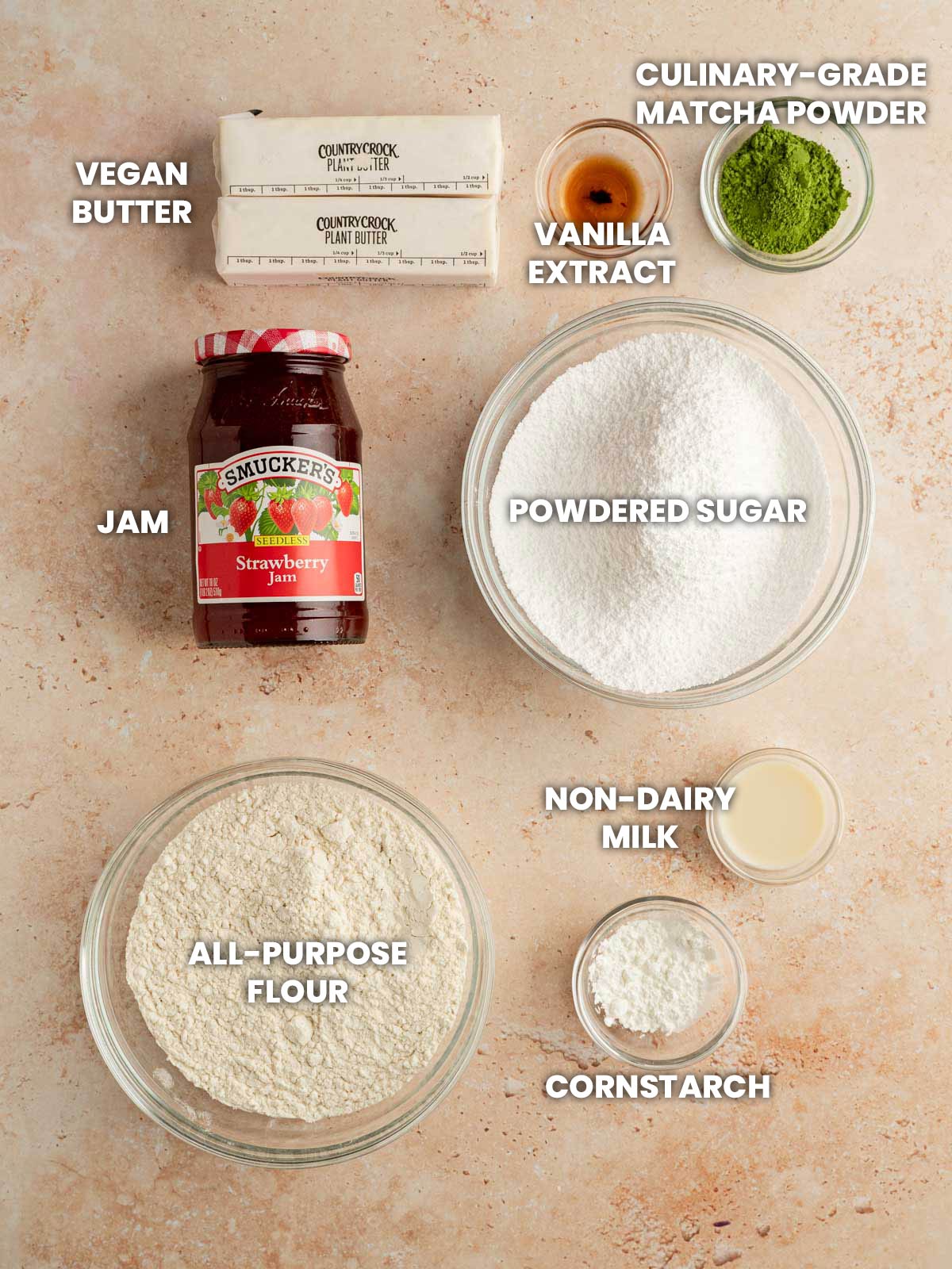Ingredients for vegan matcha thumbprint cookies.