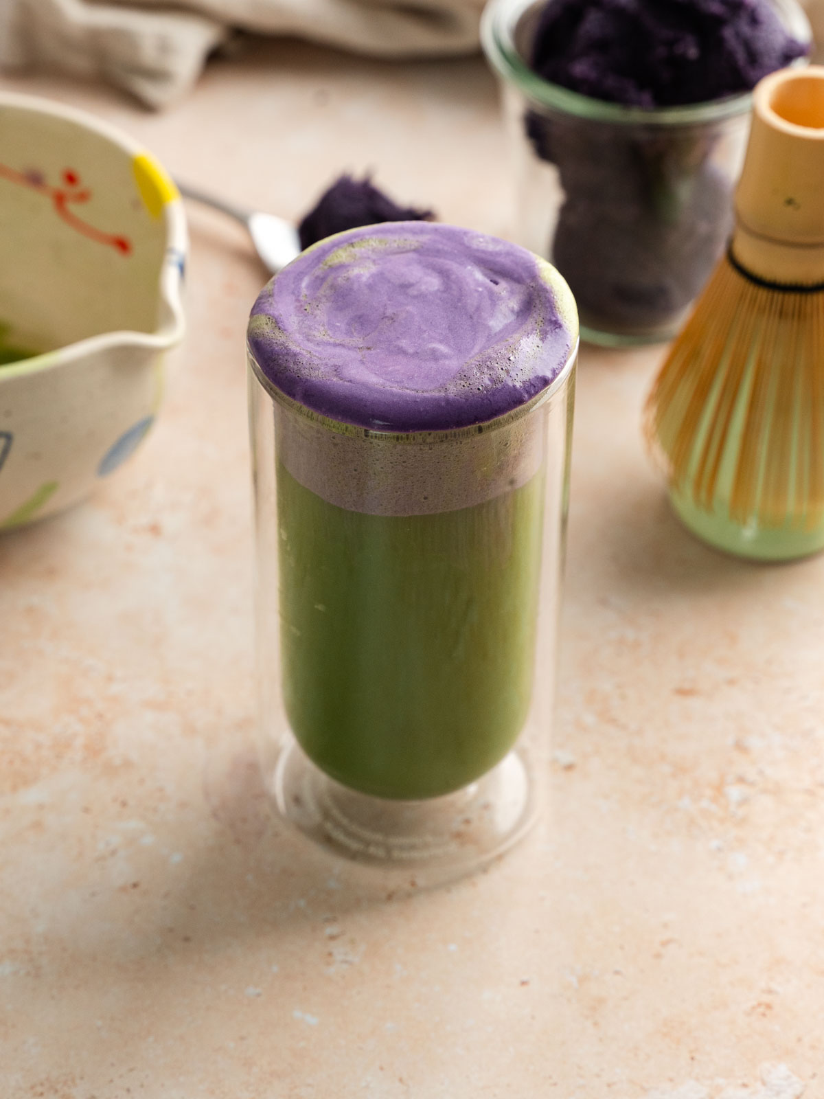 An alternative version using matcha latte and topped with ube cold foam.