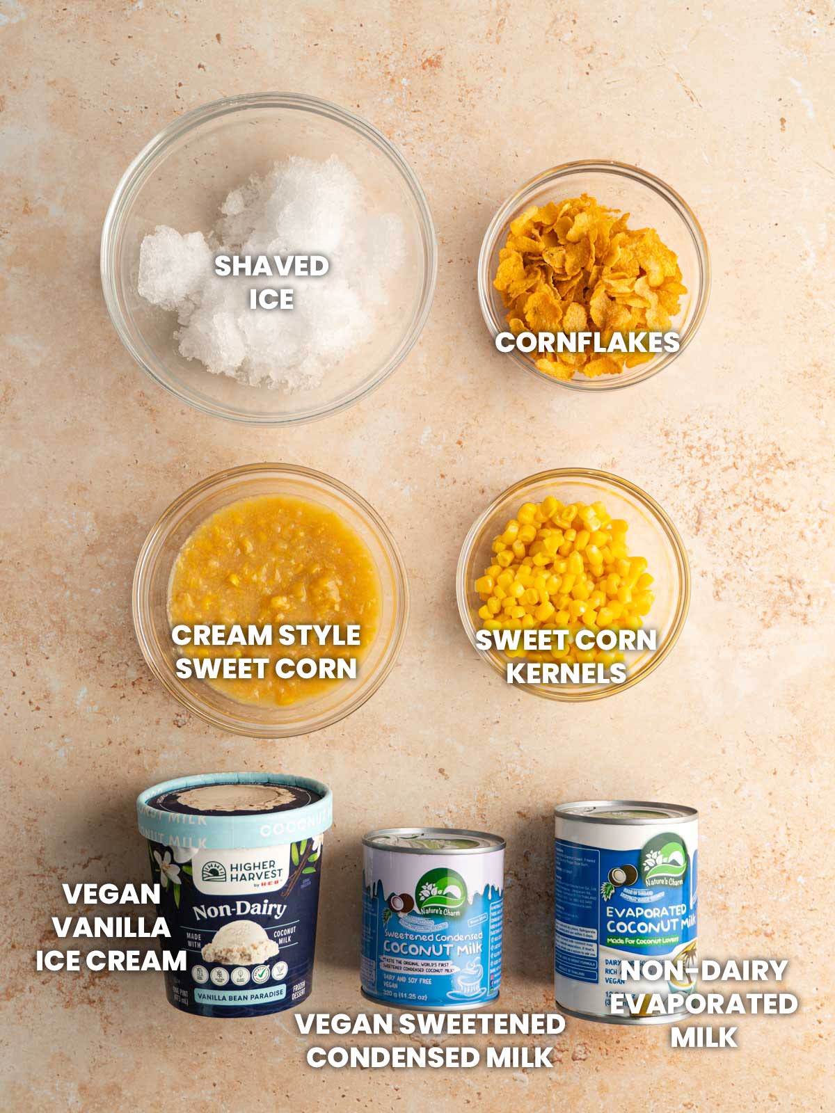 Ingredients for vegan mais con yelo.