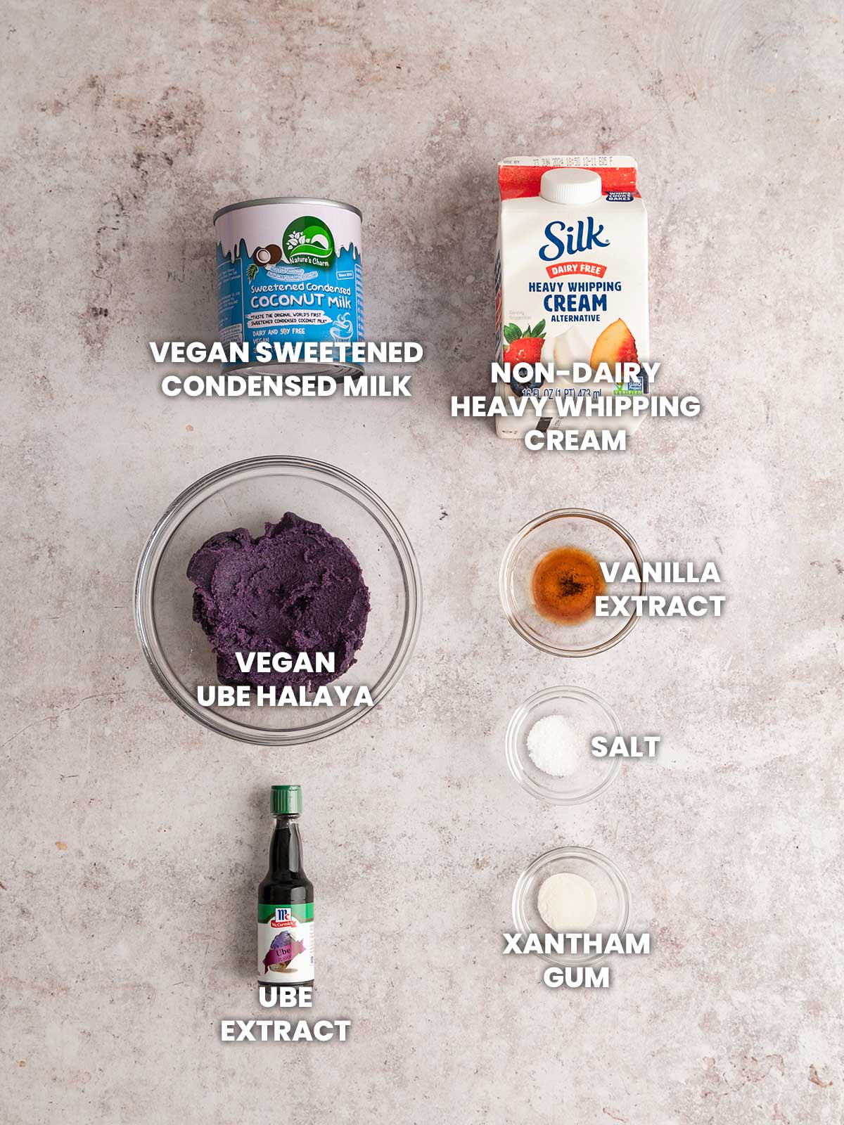 Ingredients for vegan ube ice cream.