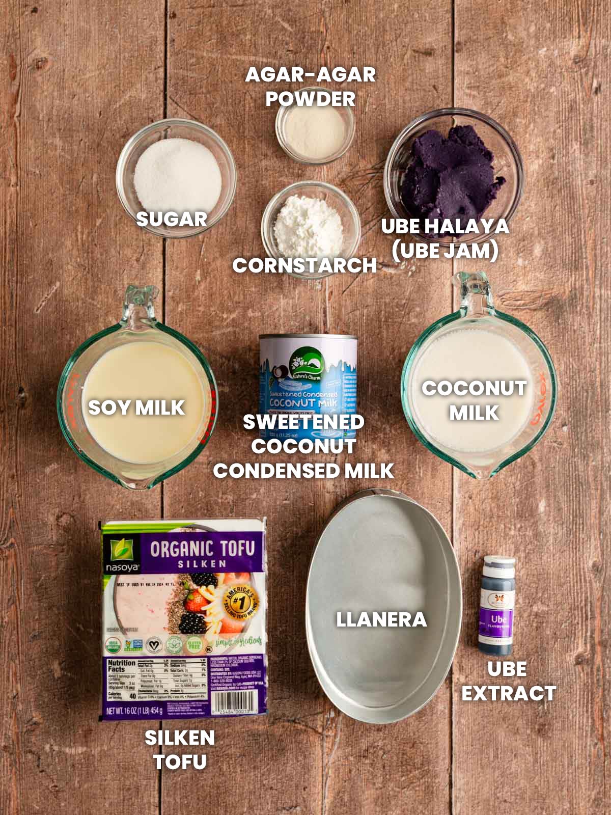 Ingredients for vegan ube leche flan.