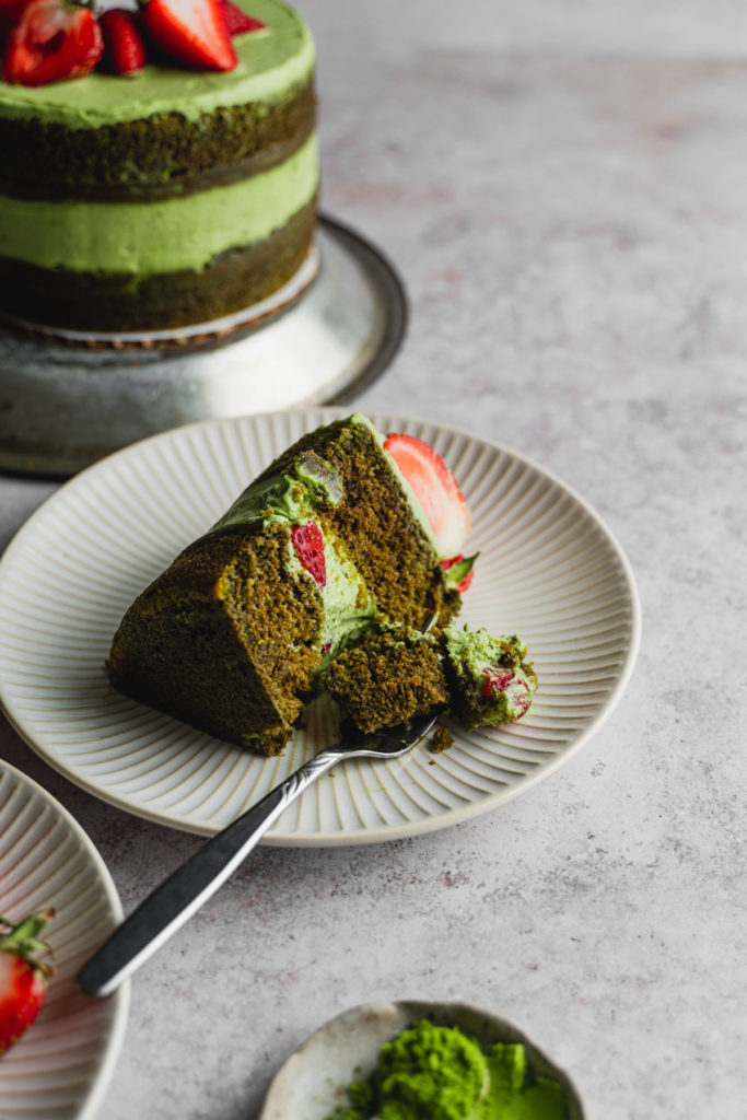 Close up of a slice of the matcha cake
