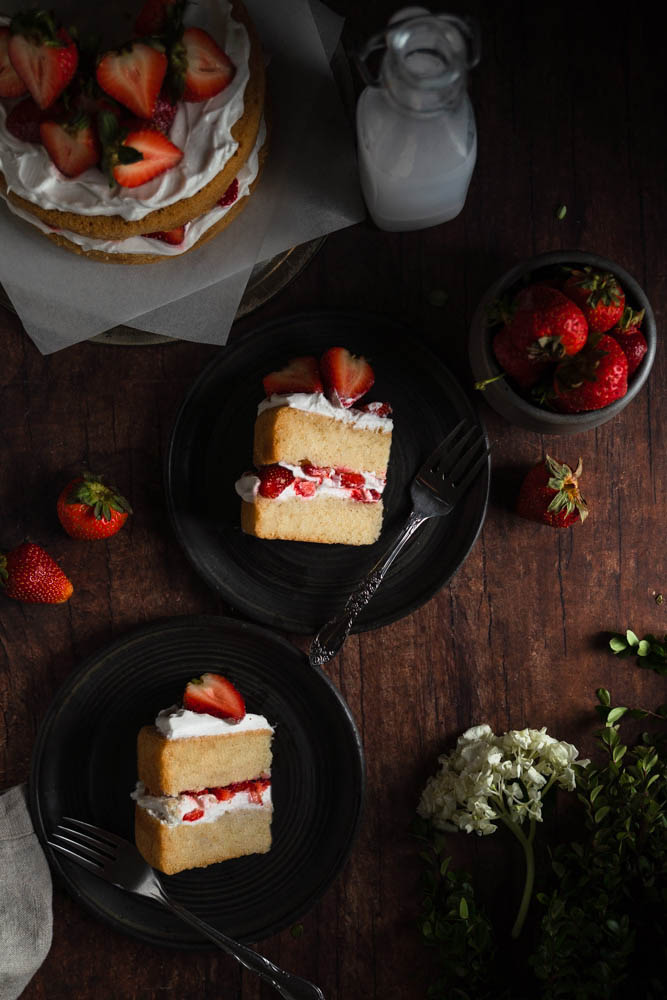 Top view of two slices of vegan strawberry shortcake.