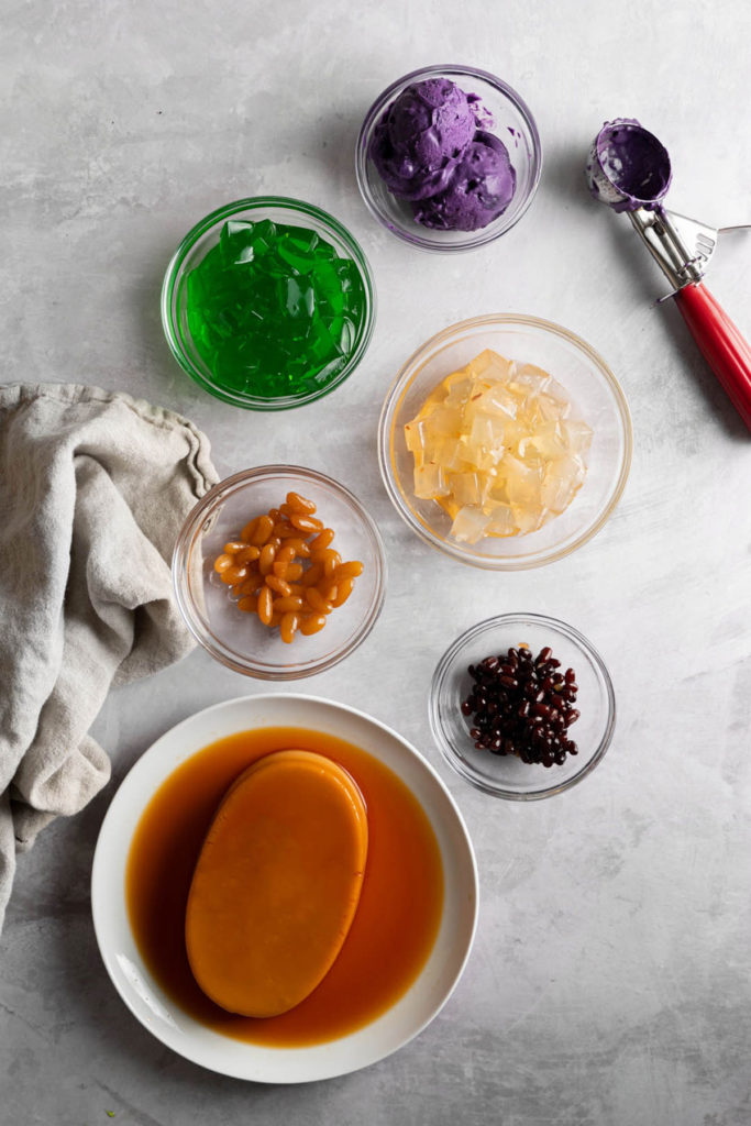 Top view of ingredients for vegan halo-halo