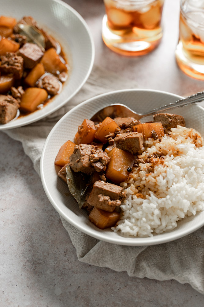 Close up of the adobo with rice.