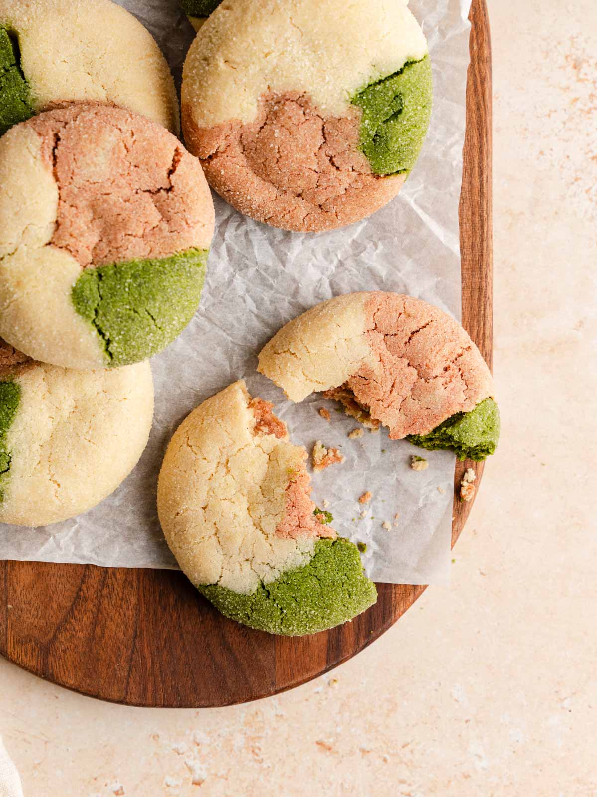 A vegan matcha neapolitan cookies split in half.